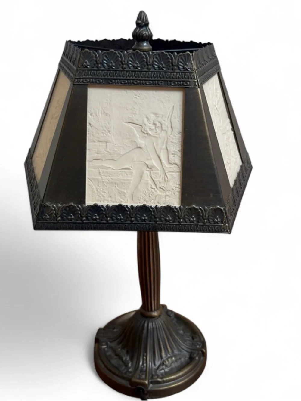 Vintage Lithophane Panel Table Lamp Cherub Angel Art Nouveau Victorian Revival